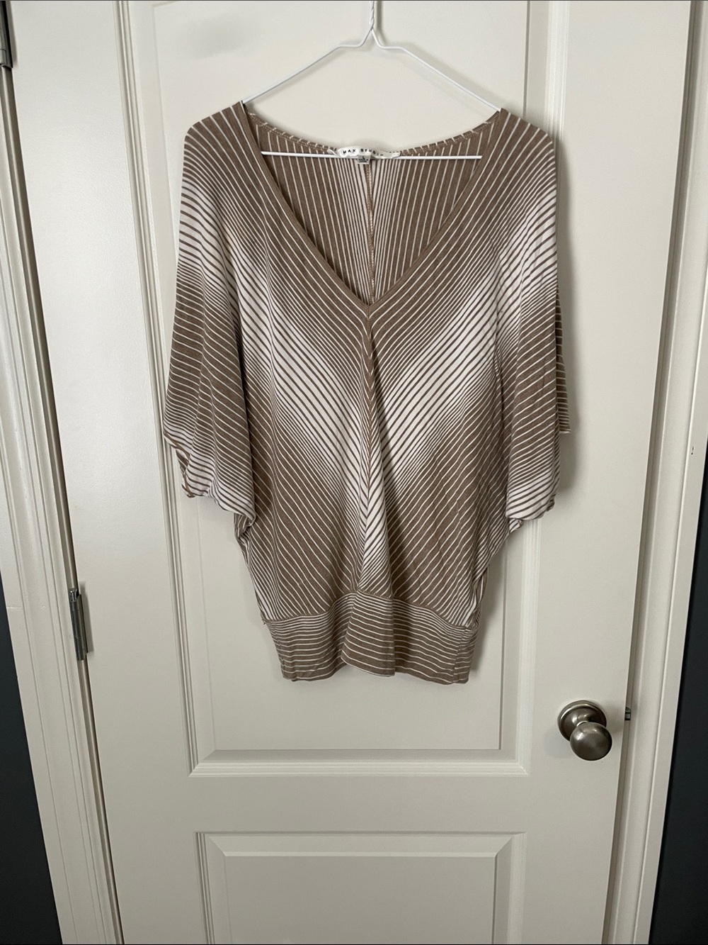Max Studio Taupe and Cream Striped V-Neck Top